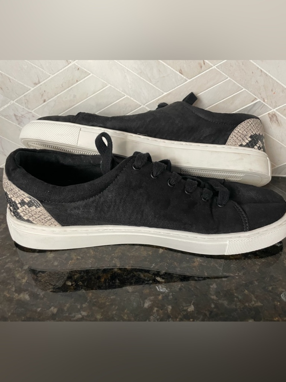 J.Crew Road Trip Sneaker Shoes Women’s Size 9.5: Black Faux Suede with Snakeskin